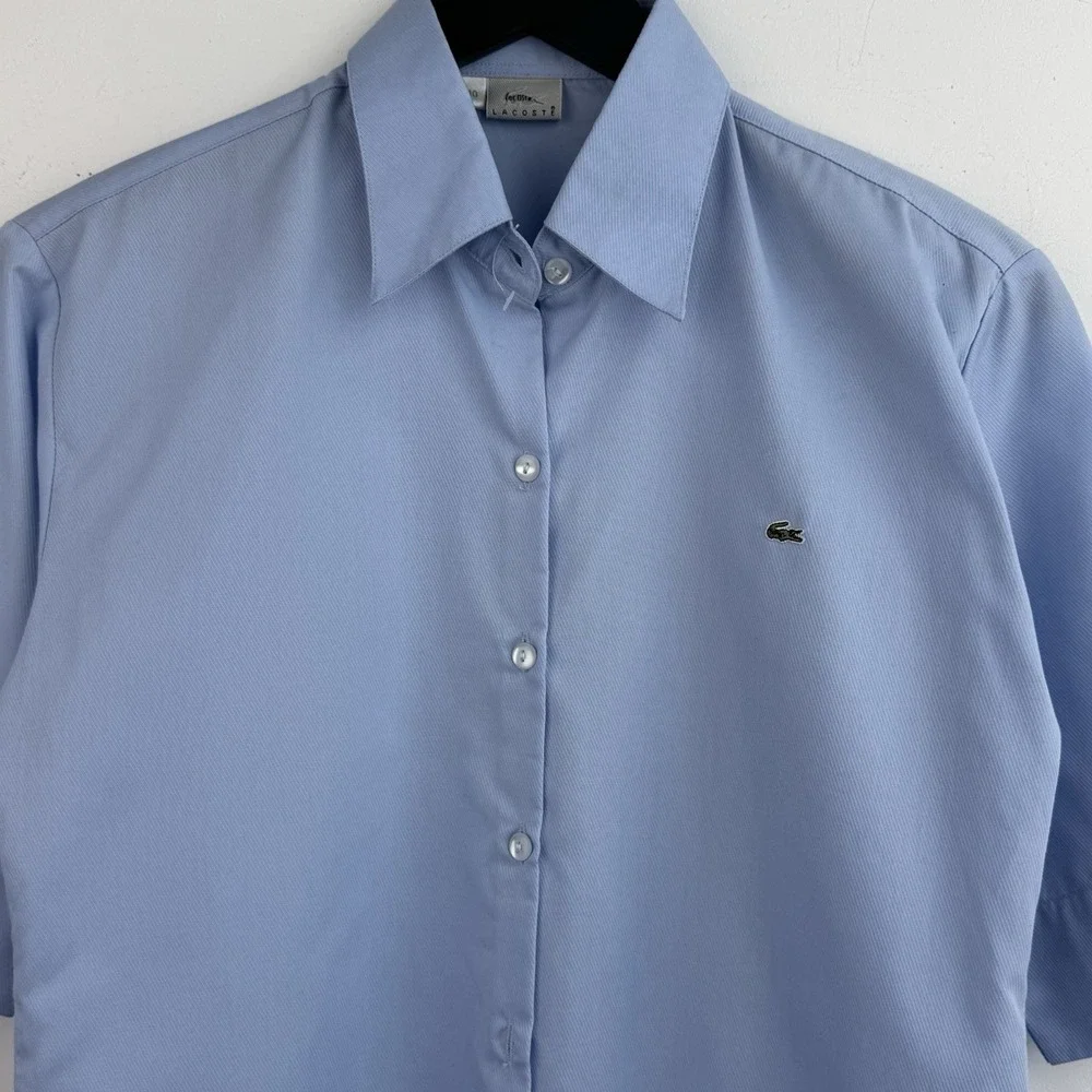 Lacoste Button Down Shirt Women's 40 Blue Oxford Short Sleeve Crocodile Logo